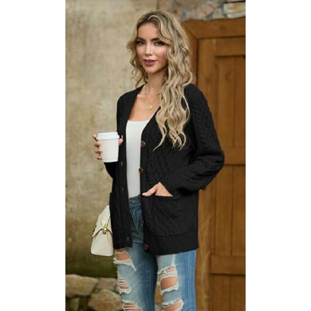 Long Sleeve Cable Knit Cardigan with Pockets, Loose Fit, 100% Acrylic - Picture 4 of 8